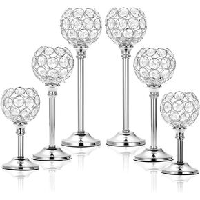 OwnMy Set of 6 Silver Crystal Bowl Candlestick Holders Metal Crystal Tealight Candelabras, Tall Crystal Votive Candlesticks Elegant Crystal Candle Stands for Dining Table Centerpiece Wedding Decor