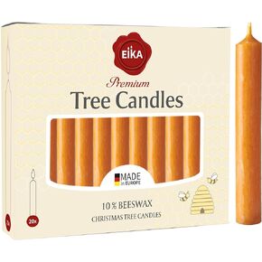 Eika Premium 10% Beeswax Tree Candles - Pack of 20 Honey Colored Natural Christmas Wax Candles for Pyramids, Carousels & Chimes - Made in Europe
