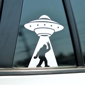 Sasquatch UFO Decal | Big Foot Peace Sign Alien Abduction Funny Vinyl Car Window/Laptop Sticker | White 6" Inch Vehicle Graphic | Car Van Truck Accessory for Conspiracy Theorists Cryptid Enthusiast
