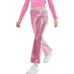 LOLANTA Girls Sequin Flare Pants Sparkle Bell Bottoms Kids Elastic Waist Glitter Disco Dance Trousers