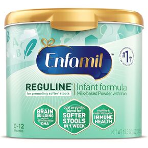 Enfamil Reguline Baby Formula, Milk-Based Infant Nutrition, Dual Prebiotics for Soft, Comfortable Stools within 1 Week of Use, Omega-3 DHA for Immune Support, Reusable Powder Tub, 19.5 Oz​