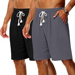 Neer 2 Pack Men's Linen Shorts, Casual Lightweight Drawstring Shorts Summer Beach Elastic Waist Short Pants with Pockets