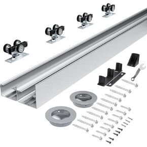 4FT Bypass Door Hardware, Closet Door Track Kit, Top-Mounted Style, Made of Heavy Duty Aluminum, Smoothly and Quietly, for 2 Doors System - Fit Min Door Panel Width of 24.5in, Silver