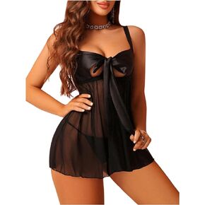 OYOANGLE Women's 2 Piece Lingerie Set Bow Knot Lace Sheer Chemise Nightgown with Thongs
