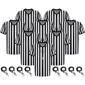 Ramede 8 Sets Referee Shirt with Whistle Official Football Referee Shirt Umpire Jersey Halloween Group Costume for Men Woman
