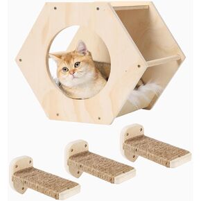 Cat Wall Shelves, Cat Shelves for Wall, Cat Wall Furniture, Cat Shelf with 3 Steps Scratcher Post, Cat Tree Hammock with Plush Wall Mounted, Climbing Shelf Wall Mount for Indoor Cats (Wood)