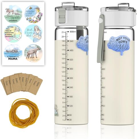 Moose N' Otter Creations Glass Breast Milk Pitcher for Fridge (2 Pack, 21 Oz) Not Your Cow's Milk Pop-Top Breastmilk Storage Bottles w/Expiration Tags & 12 Stickers- Breast Milk Storage Containers in Saudi Arabia