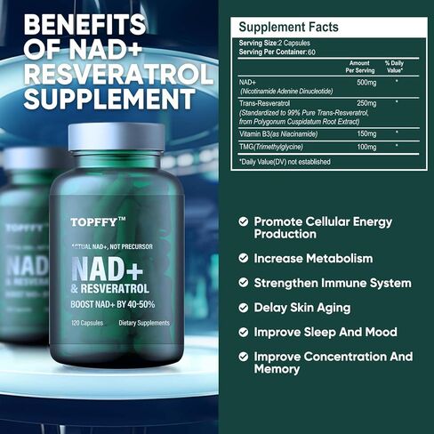 مكمل Topffy NAD+ & Resveratrol، مكمل تعزيز NAD+ للحصول على أقصى قدر من الامتصاص لدعم الطاقة الخلوية والدفاع عن الشيخوخة، 120 كبسولة هلامية in Kuwait