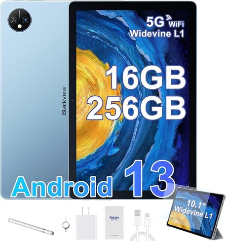 جهاز لوحي Blackview Android 13 مقاس 10 بوصة مع ذاكرة وصول عشوائي سعتها 16 جيجابايت، ومعالج ثماني النواة لعام 2024 بأحدث تحديث مع مساحة تخزين 256 جيجابايت، وواي فاي 5G، وكاميرا مزدوجة 13 ميجابكسل + 5 ميجابكسل، وبلوتوث، ونظام تحديد المواقع العالمي (GMS)، وو in Kuwait
