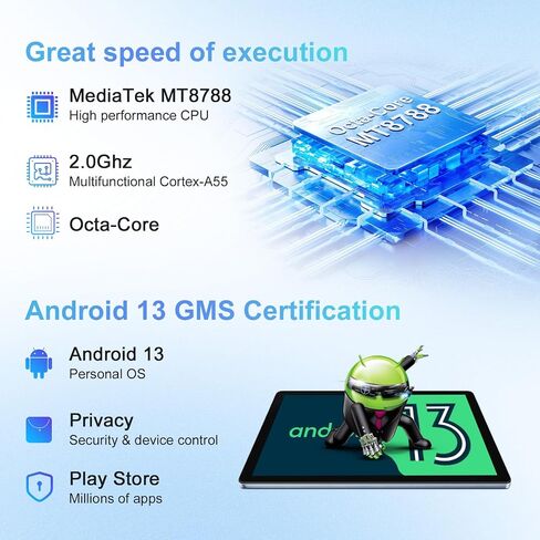 جهاز لوحي Blackview Android 13 مقاس 10 بوصة مع ذاكرة وصول عشوائي سعتها 16 جيجابايت، ومعالج ثماني النواة لعام 2024 بأحدث تحديث مع مساحة تخزين 256 جيجابايت، وواي فاي 5G، وكاميرا مزدوجة 13 ميجابكسل + 5 ميجابكسل، وبلوتوث، ونظام تحديد المواقع العالمي (GMS)، وو in Kuwait