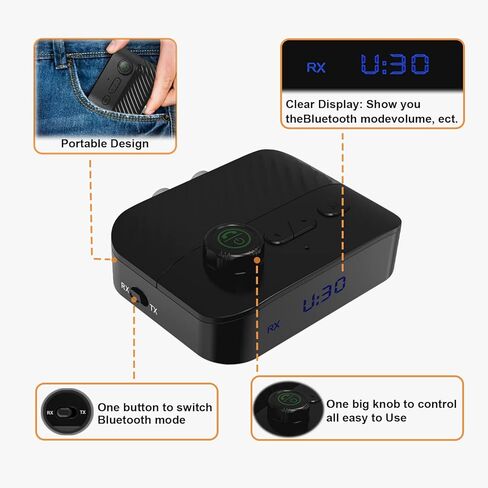 جهاز استقبال إرسال بلوتوث 5.3 للتلفزيون، محول صوت بلوتوث مع شاشة عرض ومقبض، محول صوت لاسلكي AUX RCA 3.5 مم للستيريو المنزلي/سماعة الرأس/مكبر الصوت/التلفزيون/الكمبيوتر الشخصي/السيارة، يدعم بطاقة TF/تشغيل موسيقى قرص U in Kuwait