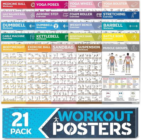 [21-PACK] مجموعة ملصقات تمرين كبيرة مغلفة - ملصقات تمرين مثالية للصالة الرياضية المنزلية - مخططات التمرين متضمنة. الدمبل، وأوضاع اليوجا، وحزام المقاومة، وجرس كيتل، والتمدد والمزيد من ملصقات صالة الألعاب الرياضية للياقة البدنية in Saudi Arabia