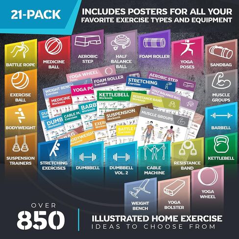 [21-PACK] مجموعة ملصقات تمرين كبيرة مغلفة - ملصقات تمرين مثالية للصالة الرياضية المنزلية - مخططات التمرين متضمنة. الدمبل، وأوضاع اليوجا، وحزام المقاومة، وجرس كيتل، والتمدد والمزيد من ملصقات صالة الألعاب الرياضية للياقة البدنية in Saudi Arabia