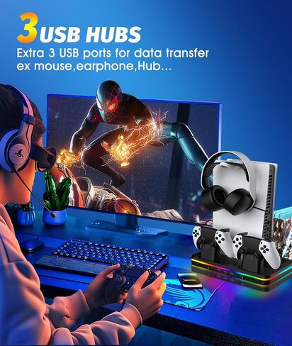 طقم تثبيت على الحائط WAYCOM PS5 مع محطة شحن RGB LED Light لكل من PS5 وPS5 الجديدة لوحدات التحكم النحيفة القرصية والرقمية، وشواحن تحكم مزدوجة سريعة، وحامل حائط فولاذي، وشماعة سماعة الرأس in Saudi Arabia