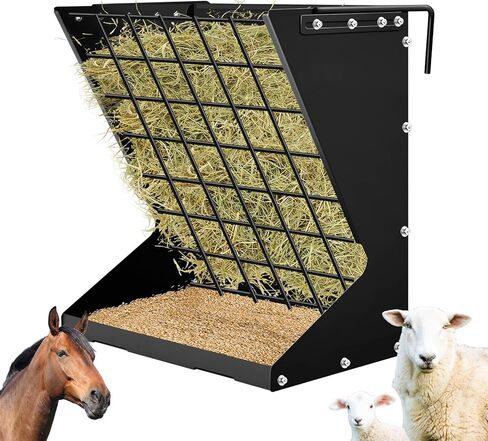 Hushee 2 in 1 Wall Mounted Heavy Duty Goat Horse Hay Feeder Rack Hanging Metal for Sheep 23.6" H Livestock Food Feeders Galvanized Steel No Waste for Mineral Forage Grain Adjustable Distance (Black) in Saudi Arabia