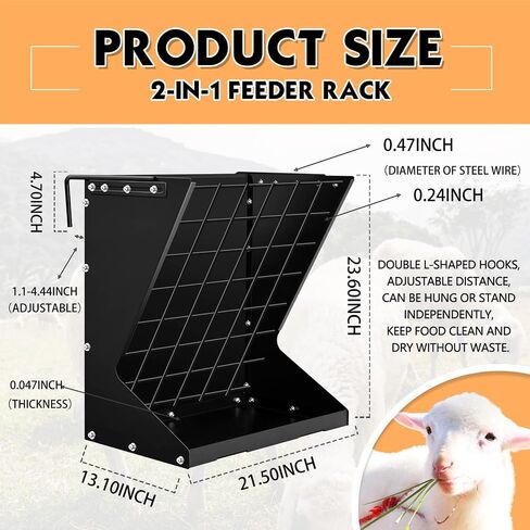 Hushee 2 in 1 Wall Mounted Heavy Duty Goat Horse Hay Feeder Rack Hanging Metal for Sheep 23.6" H Livestock Food Feeders Galvanized Steel No Waste for Mineral Forage Grain Adjustable Distance (Black) in Saudi Arabia