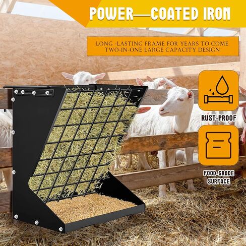 Hushee 2 in 1 Wall Mounted Heavy Duty Goat Horse Hay Feeder Rack Hanging Metal for Sheep 23.6" H Livestock Food Feeders Galvanized Steel No Waste for Mineral Forage Grain Adjustable Distance (Black) in Saudi Arabia