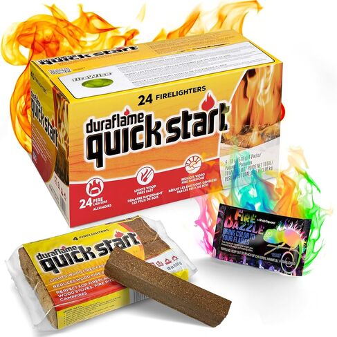 Quickstart Fire Starter للاستخدام الداخلي والخارجي - سجلات بدء الحريق سريعة الإشعال للشواء والمدفأة وحفرة النار ونيران المخيمات (24 حزمة) - مع حزمة واحدة إضافية لتغيير لون النار in Kuwait
