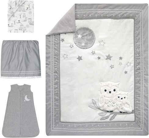Lambs & Ivy Luna White/Gray Celestial Owl 4-Piece Nursery Baby Crib Bedding Set (740004V) in Saudi Arabia