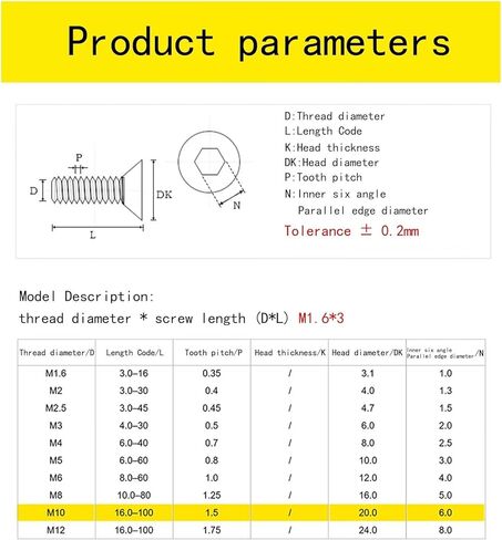 M10-1.5 x 16mm Flat Head Socket Cap Screws, 10.9 Grade Alloy Steel,DIN 7991,Allen Socket Drive, Black Oxide Finish, Machine Thread, Countersunk Bolts,Fully Thread Quantity 10 in Kuwait