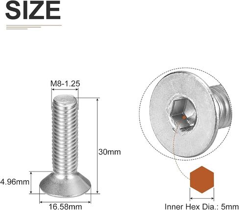 M8-1.25 x 25mm Flat Head Socket Cap Screws, 20 Pack 304 Stainless Steel Hex Socket Flat Head Screws, Full Thread, Countersunk Bolts in Kuwait