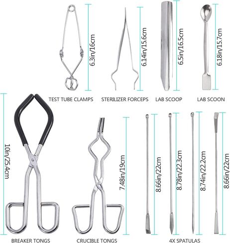 مجموعة أدوات مختبر AuInn Scientific Labwares للمبتدئين، تتضمن ملقط بوتقة وملعقة وملعقة وملعقة اختبار ومشابك أنبوبية وملقط معقم in Kuwait