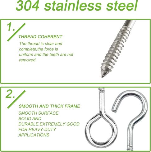 ECKJ 5 بوصة 304 خطافات عين من الفولاذ المقاوم للصدأ، عيون لولبية شديدة التحمل مع أنابيب، مسامير عين كبيرة للخشب، الأرجوحة، كرسي متأرجح، اليوغا، تأمين أسلاك الكابلات للاستخدام الداخلي والخارجي، فتحة ذاتية التنصت in Kuwait