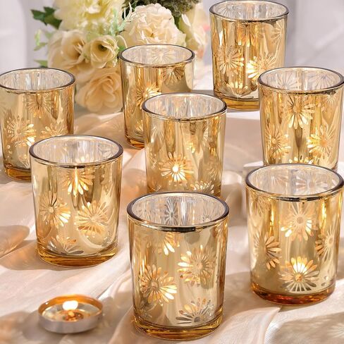 12pcs Gold Votive Candle Holders, Tea Lights Candles Holders for Wedding Table Centerpieces, Daisy Flower Mercury Glass Votive Candle Holder Bulk for Home Wedding Party Gold Decorations in Saudi Arabia