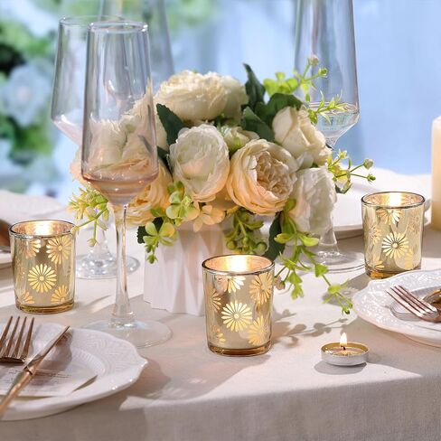12pcs Gold Votive Candle Holders, Tea Lights Candles Holders for Wedding Table Centerpieces, Daisy Flower Mercury Glass Votive Candle Holder Bulk for Home Wedding Party Gold Decorations in Saudi Arabia