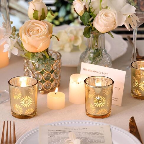 12pcs Gold Votive Candle Holders, Tea Lights Candles Holders for Wedding Table Centerpieces, Daisy Flower Mercury Glass Votive Candle Holder Bulk for Home Wedding Party Gold Decorations in Saudi Arabia