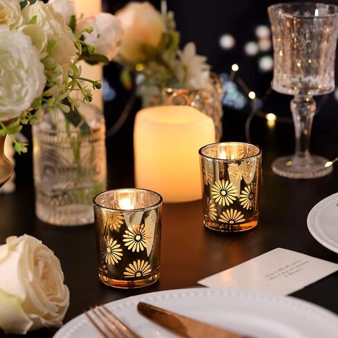 12pcs Gold Votive Candle Holders, Tea Lights Candles Holders for Wedding Table Centerpieces, Daisy Flower Mercury Glass Votive Candle Holder Bulk for Home Wedding Party Gold Decorations in Saudi Arabia