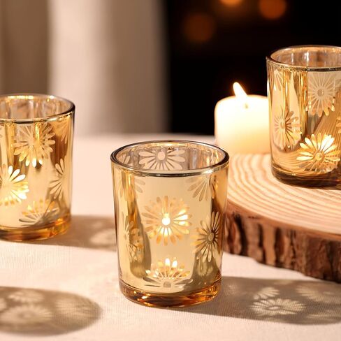 12pcs Gold Votive Candle Holders, Tea Lights Candles Holders for Wedding Table Centerpieces, Daisy Flower Mercury Glass Votive Candle Holder Bulk for Home Wedding Party Gold Decorations in Saudi Arabia