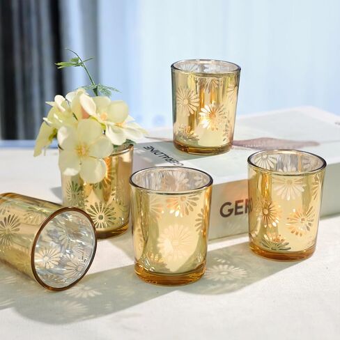 12pcs Gold Votive Candle Holders, Tea Lights Candles Holders for Wedding Table Centerpieces, Daisy Flower Mercury Glass Votive Candle Holder Bulk for Home Wedding Party Gold Decorations in Saudi Arabia