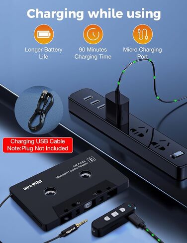 Arsvita Car Audio Cassette to Aux Adapter, 5.0 Bluetooth Receiver Kit for Cassette to Aux Adapter, Bluetooth Receiver Compatible with 3.5 MM Auxillary Cable Tape Adapter, Black in Saudi Arabia