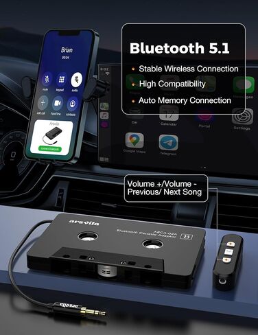 Arsvita Car Audio Cassette to Aux Adapter, 5.0 Bluetooth Receiver Kit for Cassette to Aux Adapter, Bluetooth Receiver Compatible with 3.5 MM Auxillary Cable Tape Adapter, Black in Saudi Arabia