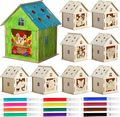 Wenqik 9 Pcs Spring Wooden Houses for Crafts Graffiti Craft Supplies with 12 Watercolor Pens Wood Kits for Kids Adults DIY Colors Painting Party Ornament in Saudi Arabia