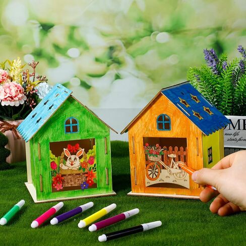 Wenqik 9 Pcs Spring Wooden Houses for Crafts Graffiti Craft Supplies with 12 Watercolor Pens Wood Kits for Kids Adults DIY Colors Painting Party Ornament in Saudi Arabia