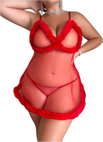 RoseSeek Women's Plus Size Lingerie Sleeveless Fuzzy Trim Sheer Mesh Babydolls Sleep Dress with Thong Set in Saudi Arabia