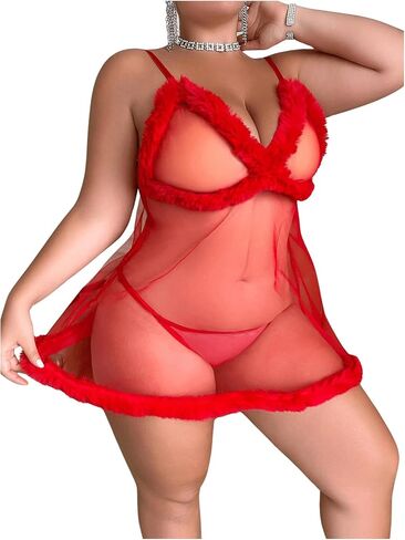 RoseSeek Women's Plus Size Lingerie Sleeveless Fuzzy Trim Sheer Mesh Babydolls Sleep Dress with Thong Set in Saudi Arabia