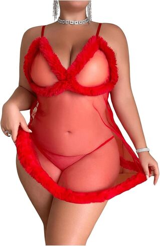RoseSeek Women's Plus Size Lingerie Sleeveless Fuzzy Trim Sheer Mesh Babydolls Sleep Dress with Thong Set in Saudi Arabia
