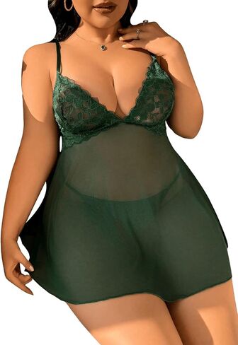 SHENHE Women's Plus Size Sheer Mesh Lace Floral Embroidery Babydoll Lingerie Dress and Thong Set in Saudi Arabia