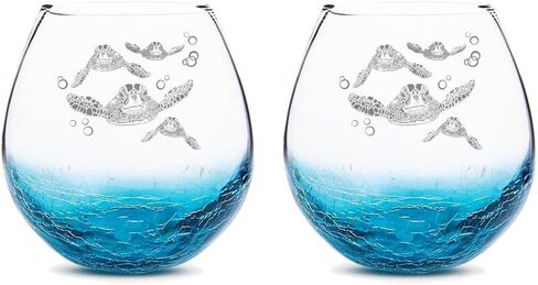 Mothers Day Gifts for Wife, Etched Sea Turtles Family Handmade Engraved Crackle Teal Wine Glass in Kuwait