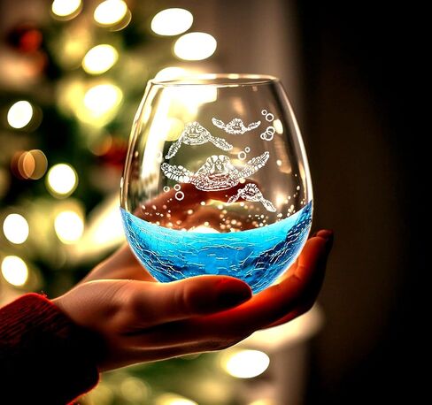 Mothers Day Gifts for Wife, Etched Sea Turtles Family Handmade Engraved Crackle Teal Wine Glass in Kuwait
