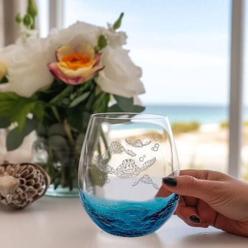 Mothers Day Gifts for Wife, Etched Sea Turtles Family Handmade Engraved Crackle Teal Wine Glass in Kuwait