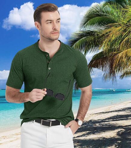 قمصان EKLENTSON Henley للرجال بأكمام قصيرة قميص صيفي غير رسمي من القطن بأزرار أمامية in Kuwait