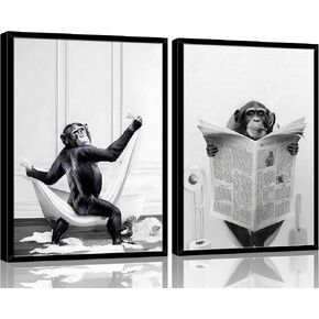 Framed 2 Pcs Bathroom Wall Art Funny Monkey Painting Poster Black and White Canvas Print Fun Animal Picture Bedroom Kids Bathroom Study Country Farmhouse Decor Ready to Hang 12" x 16" in Saudi Arabia