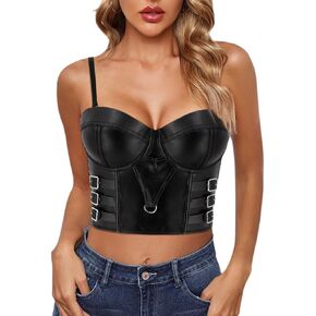 TYNORA Women PU Leather Corset Crop Top Spaghetti Strap Bustier Camisole Clubwear in Saudi Arabia