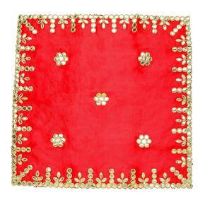 Decorative Pooja Mat Aasan Silk Aasan Cloth with Sequence Work for Multipurpose Pooja Indian Taditional Cultural Festival Laxmi Poojan Diwali Decorations Item and Puja Article (Size:- 26"X26")(Red) in Saudi Arabia