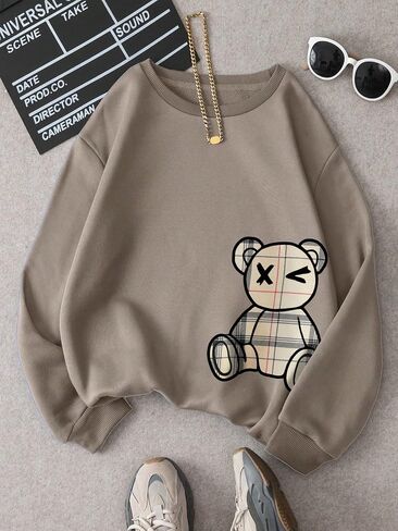 SweatyRocks Women's Cute Bear Graphic Sweatshirt Fleece Long Sleeve Crewneck Pullover Loose Hoodies Fall Trendy in Saudi Arabia