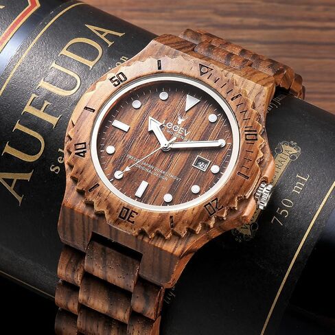 Mens Wooden Watch, Wood Wrist Watch Handcrafted Sandalwood Vintage Calendar Analog Quartz Wooden Watches Gifts for Men in Saudi Arabia